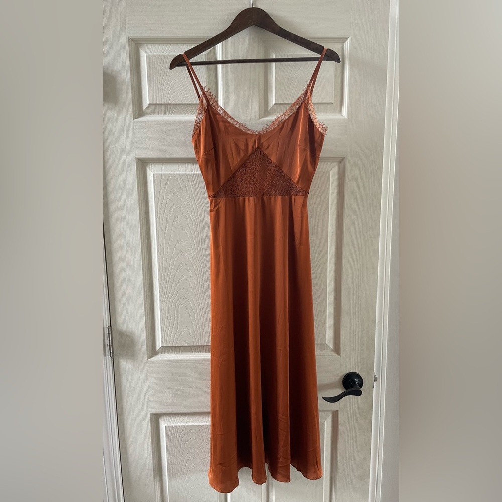 Burnt orange petal and pup satin dress